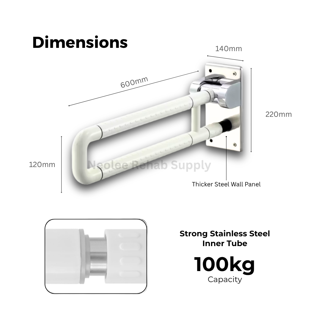 U-shape folding bathroom handrail with dimension guide, reinforced stainless steel inner tube, thick steel wall panel, and 100kg weight capacity for secure bathroom support.