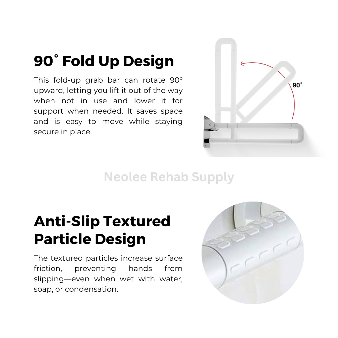 Foldable U-shape bathroom handrail with 90-degree fold-up design and anti-slip textured grip surface for space-saving bathroom safety support and easier accessibility.