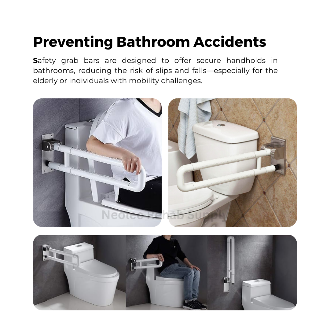 U-shape folding bathroom handrail installed beside toilets to help prevent slips and falls while assisting elderly and disabled users during sitting and standing movements.
