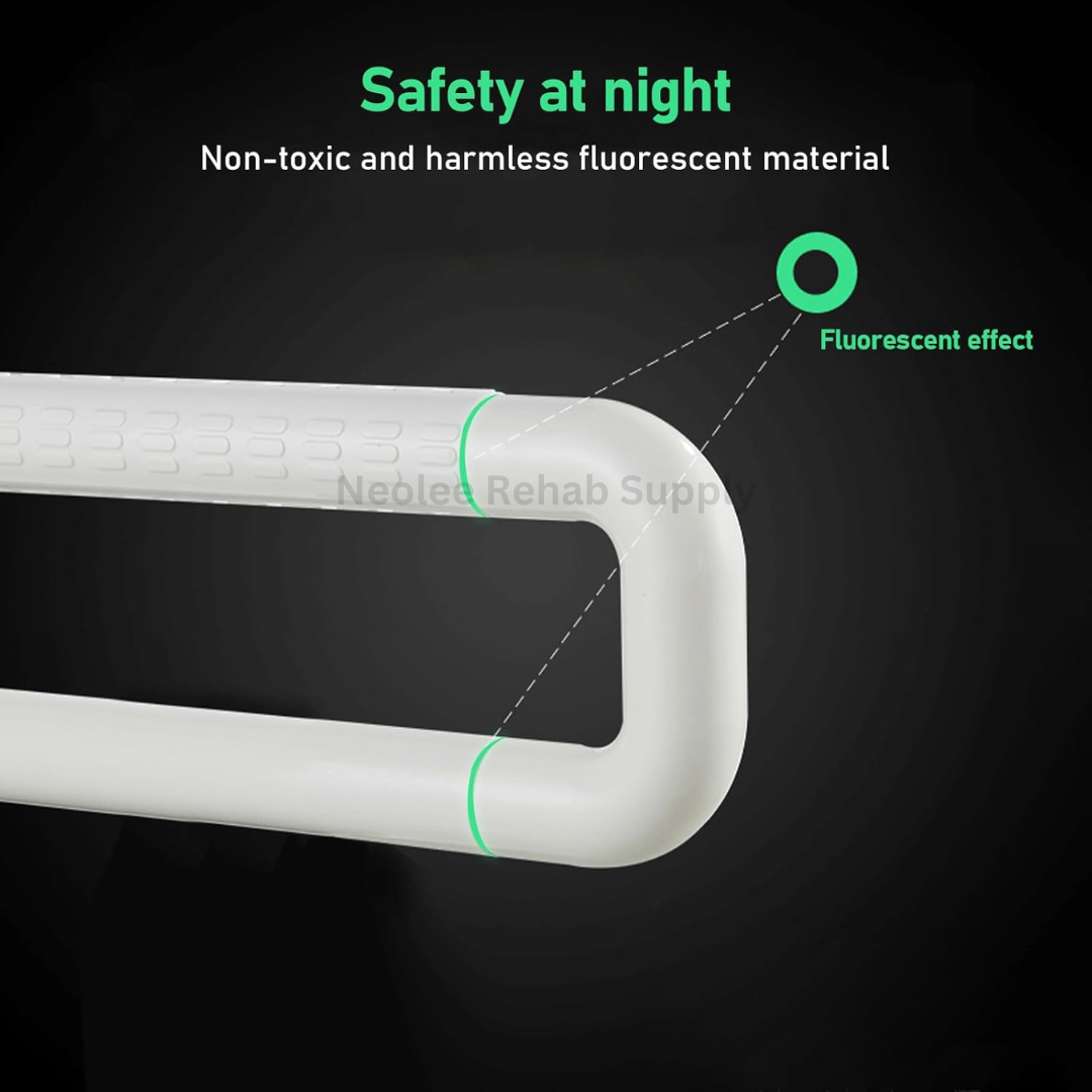 Glow-in-the-dark U-shape bathroom handrail with fluorescent safety markers designed to improve nighttime visibility and safer bathroom navigation.