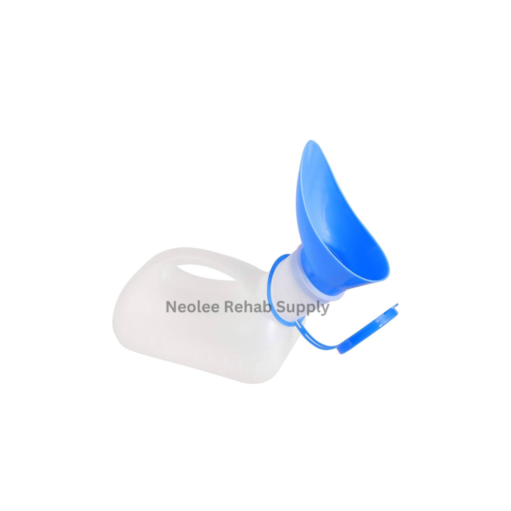 Unisex portable urinal with ergonomic spill-resistant design for convenient bedside toileting and patient care use.