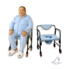 Walrus ultra wide commode chair by Neolee designed for bariatric users with reinforced frame, padded seat, and removable commode bucket.