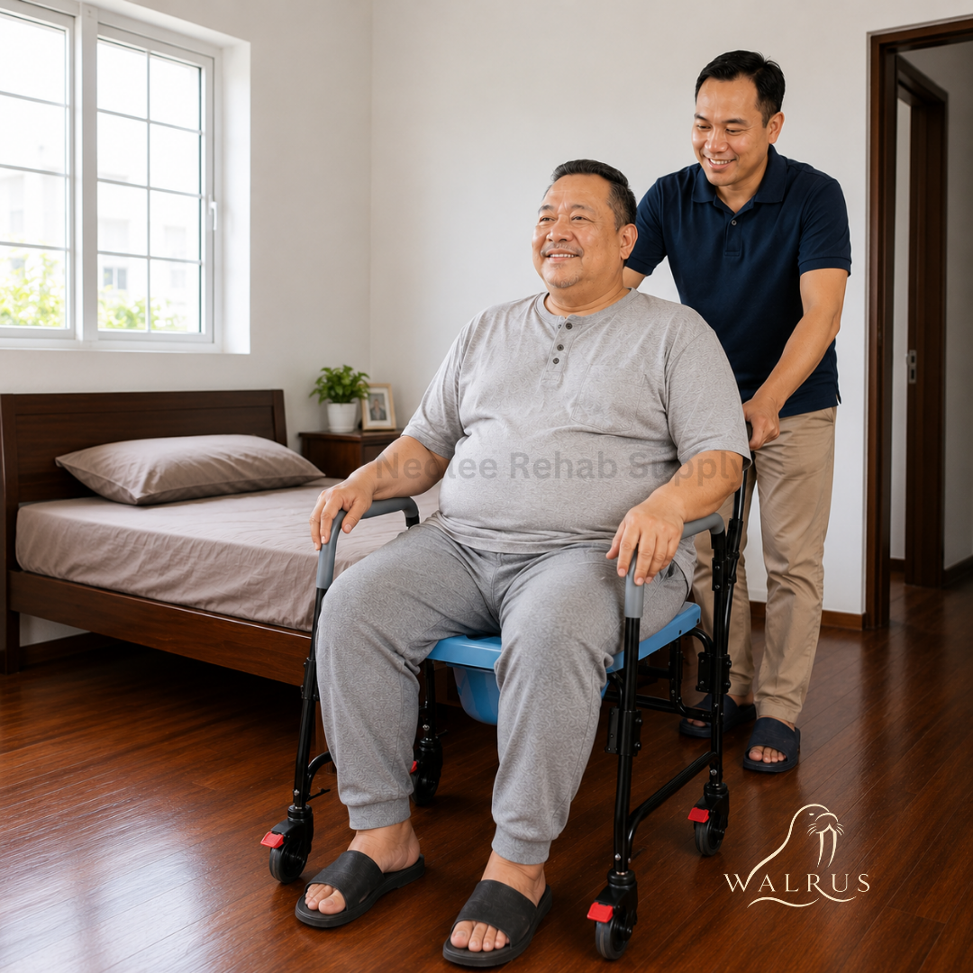 Caregiver assisting bariatric patient using Walrus ultra wide commode chair by Neolee in a bedroom setting for safe patient transfer and toileting support.