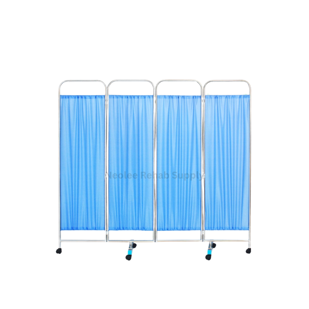 Foldable four-panel medical privacy screen with blue curtains and caster wheels designed for patient privacy in hospitals, clinics, and healthcare facilities.
