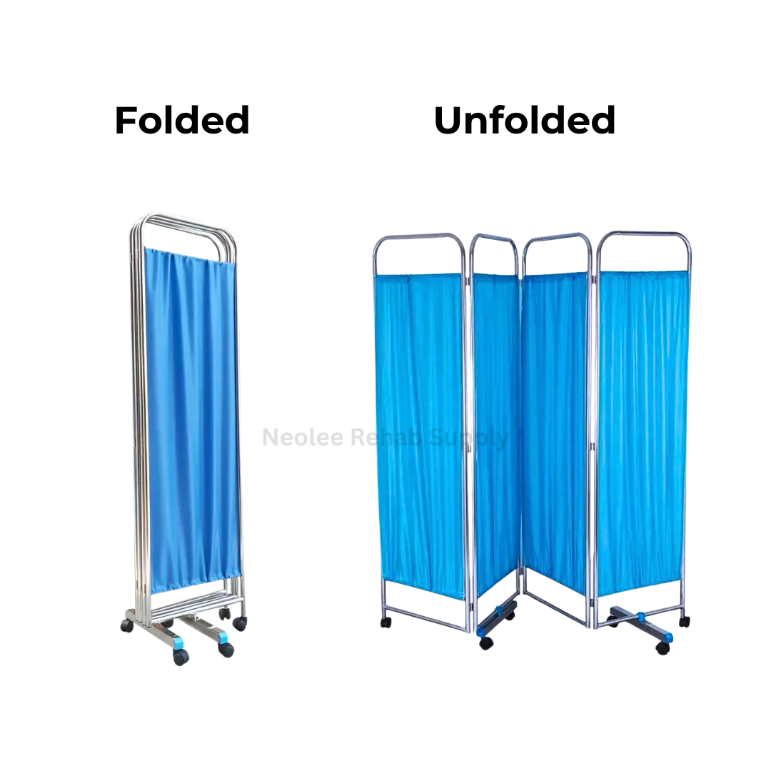 Medical privacy partition screen shown in folded and unfolded positions with compact collapsible design for easy storage and transport in healthcare settings.