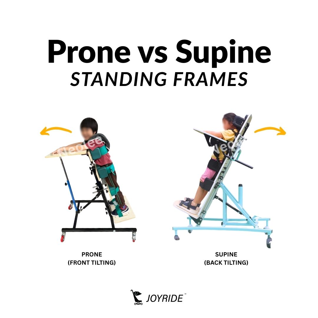 Comparison infographic showing the difference between prone and supine standing frames, with a child positioned in a prone standing frame leaning forward and another child using a supine standing frame leaning backward with full body support.