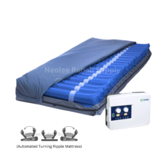 WaveCare lateral turning ripple mattress with automated turning system, blue inflatable air cells, and digital control pump designed for pressure relief and patient repositioning.