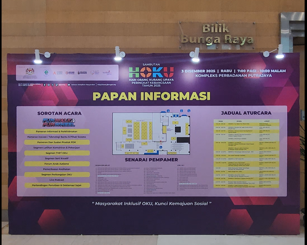A large, illuminated purple event information board at a convention hall entrance. The board features comprehensive details in Malay, including the main event title "HOKU - HARI ORANG KURANG UPAYA PERINGKAT KEBANGSAAN TAHUN 2025" (National Persons with Disabilities Day 2025), a "PAPAN INFORMASI" (Information Board), a visual floor plan labeled with booth numbers (A19 NeoLee Rehab Supply visible), an agenda for the "Fun Walk & Fun Wheel," and a listing of all exhibitors, including an entry for 'NeoLee'. Text at the bottom reads "Masyarakat Inklusif OKU, Kunci Kemajuan Sosial" (An Inclusive Society for PWDs, Key to Social Progress).