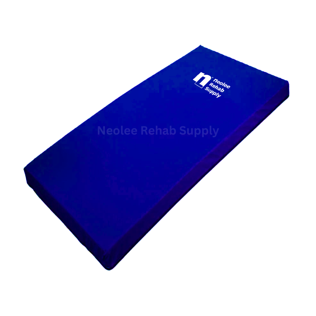 BayuCare Mattress by Neolee Rehab Supply, a blue hospital-grade 4-inch memory foam mattress shown from an angled top view against a white background.