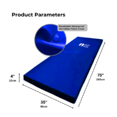 Product parameters and dimensions diagram for the BayuCare Mattress, showing measurements of 75 inches by 35 inches with a 4-inch thickness, featuring a zoomed-in highlight of its breathable waterproof microfiber fabric cover.