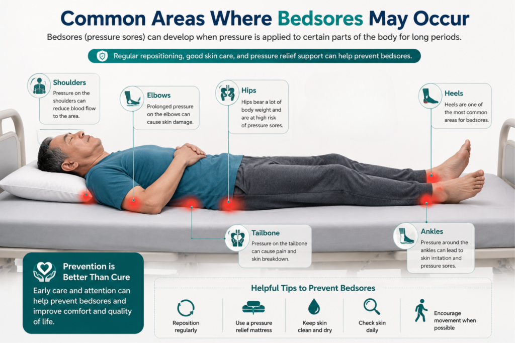 Infographic showing common areas where bedsores may occur on a person lying in bed, highlighting pressure points at the shoulders, elbows, hips, tailbone, ankles, and heels.