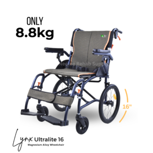 Front view of the Lynx UltraLite 16 magnesium wheelchair weighing only 8.8kg with ergonomic design for daily mobility.