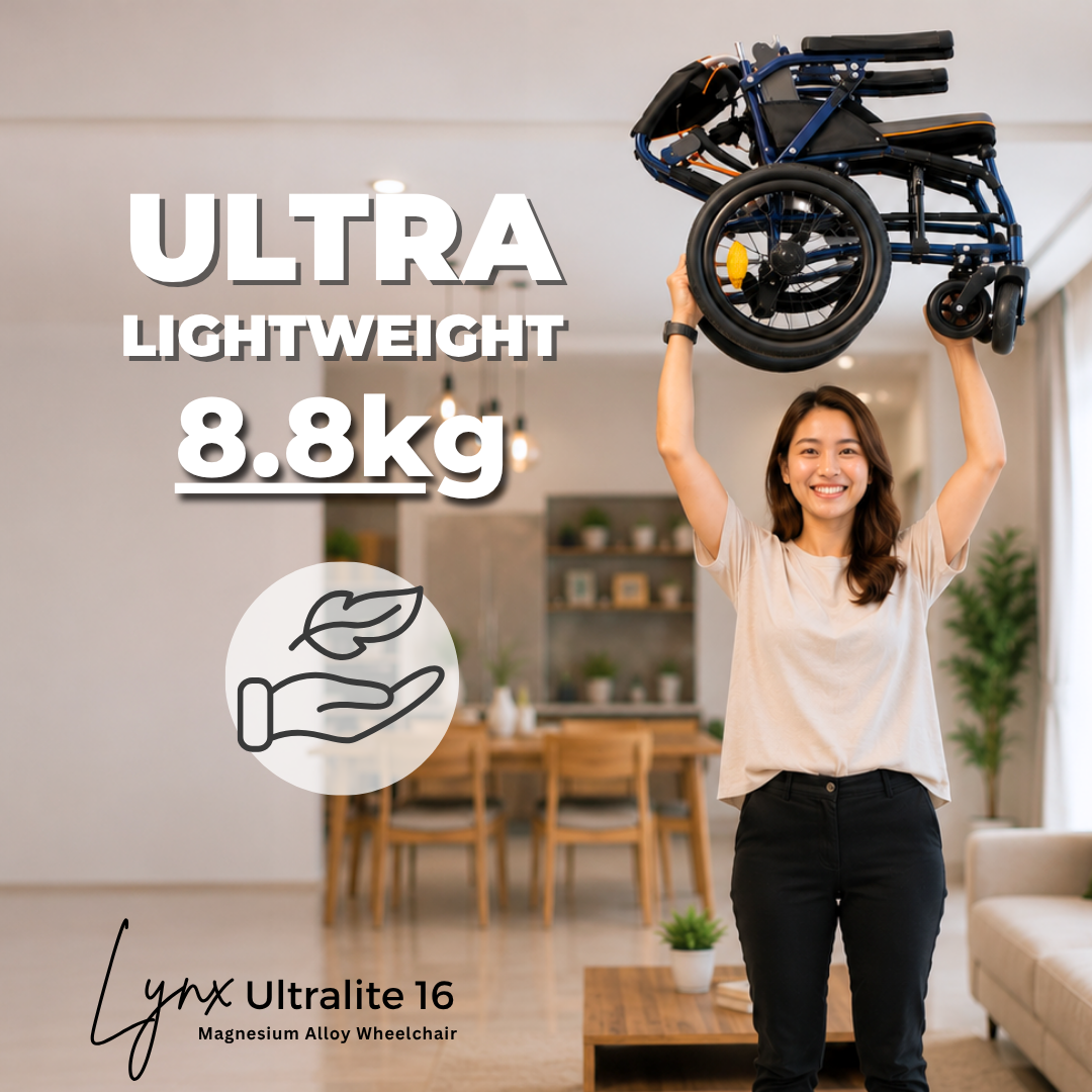 Woman effortlessly lifting the 8.8kg Lynx UltraLite 16 magnesium wheelchair overhead to demonstrate its ultra lightweight construction.