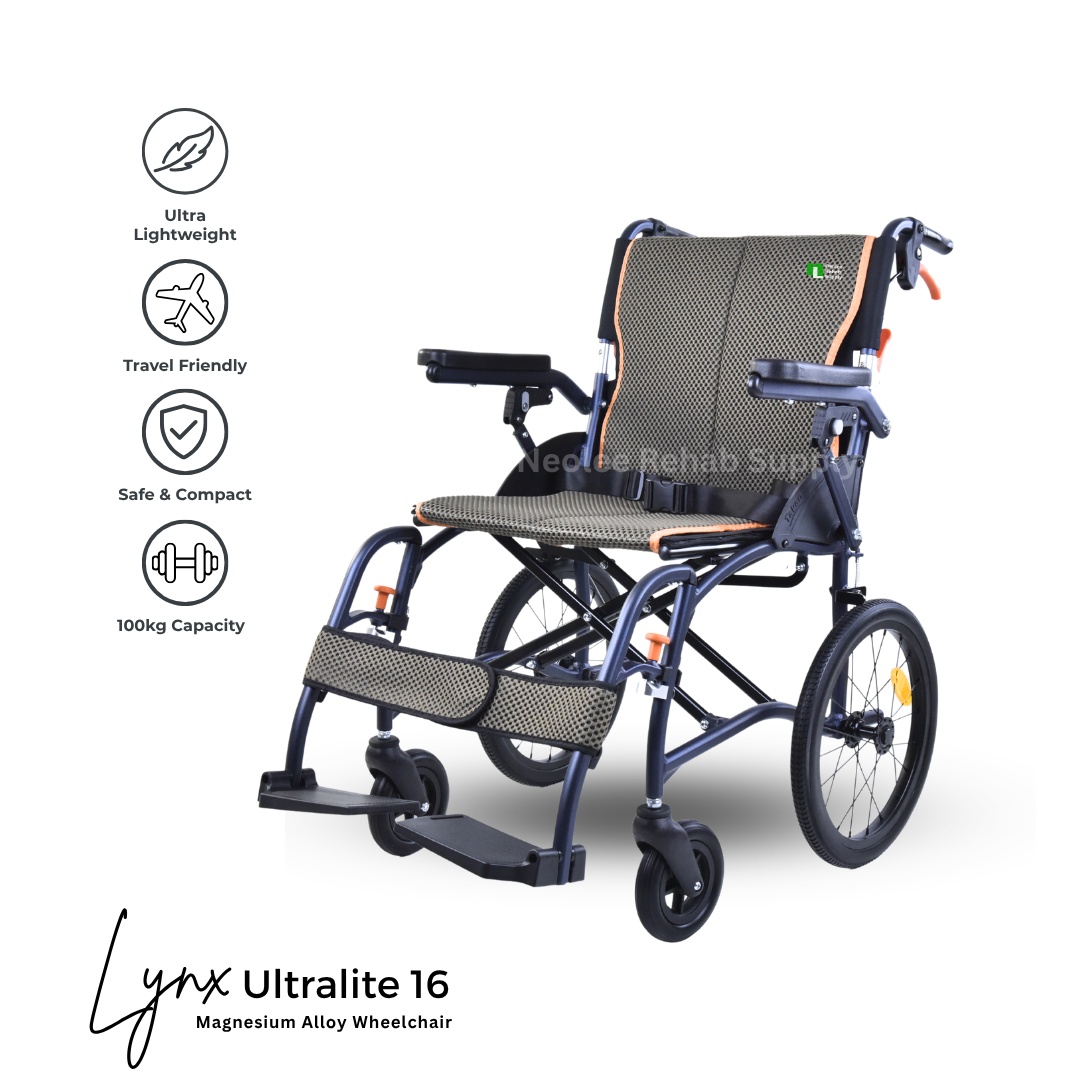 Lynx UltraLite 16 lightweight magnesium wheelchair with premium features including flip-up armrests and compact folding frame.