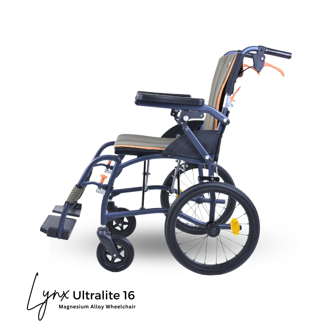 Side view of the Lynx UltraLite 16 magnesium wheelchair showing ergonomic seating, detachable footrests and 16-inch rear wheels.