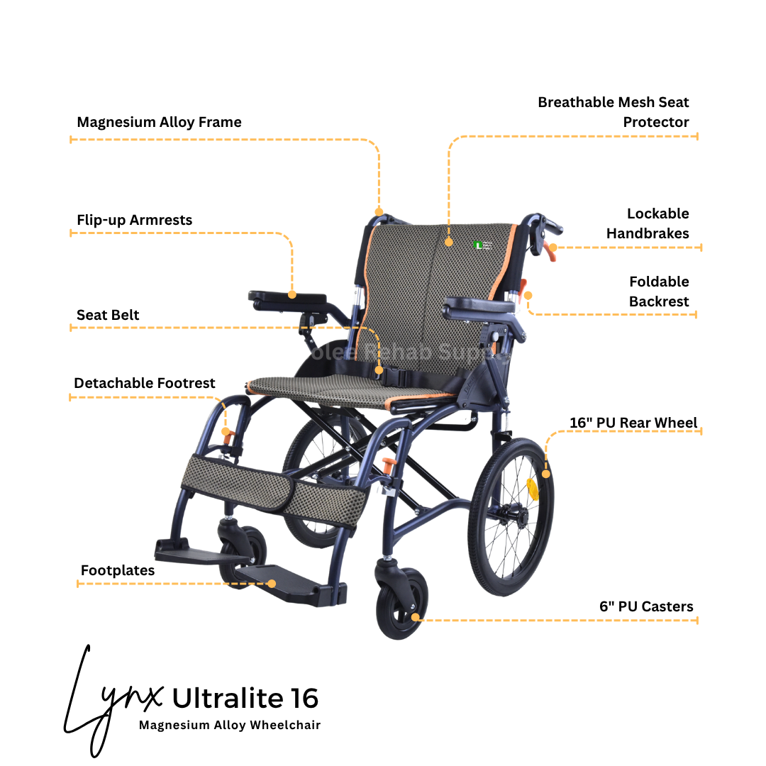 Product feature diagram highlighting the adjustable armrests, detachable footrests, ergonomic seat and lightweight magnesium frame of the Lynx UltraLite 16 wheelchair.