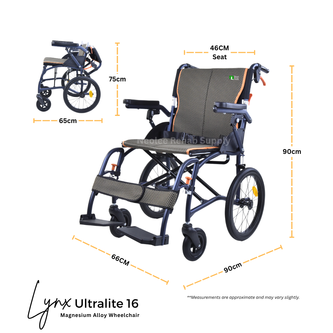 Dimension drawing of the Lynx UltraLite 16 lightweight magnesium wheelchair with overall measurements for home and travel use.