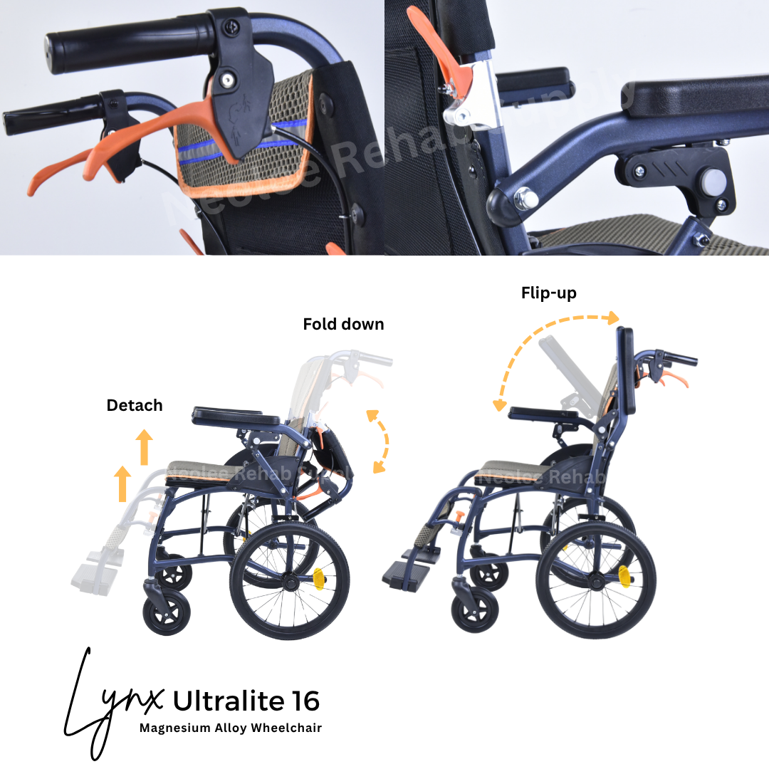 Folding mechanism of the Lynx UltraLite 16 magnesium wheelchair demonstrating its compact fold for transport and storage.