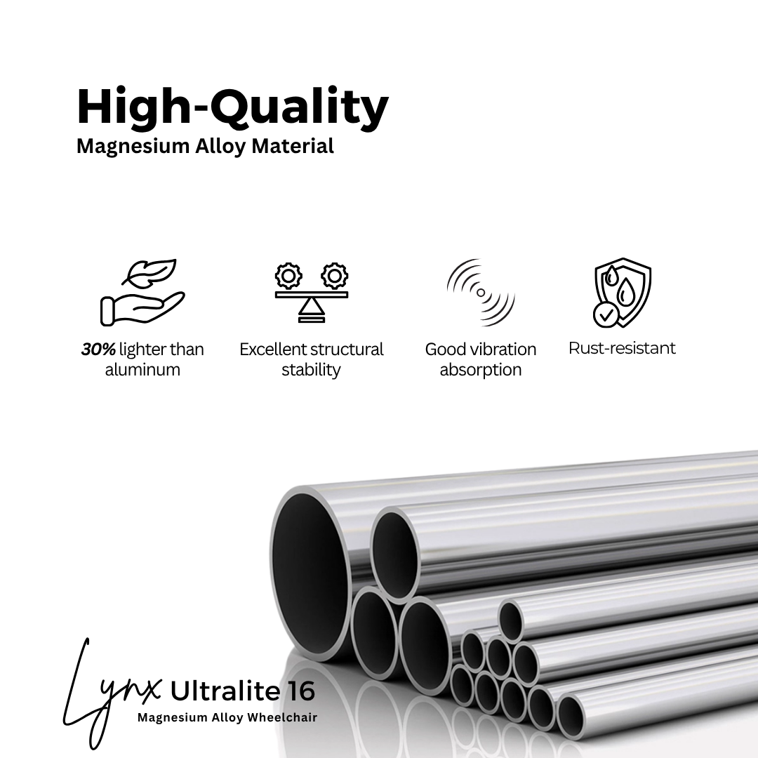 Close-up of high-quality magnesium alloy tubing used in the Lynx UltraLite 16 wheelchair for exceptional strength and lightweight performance.