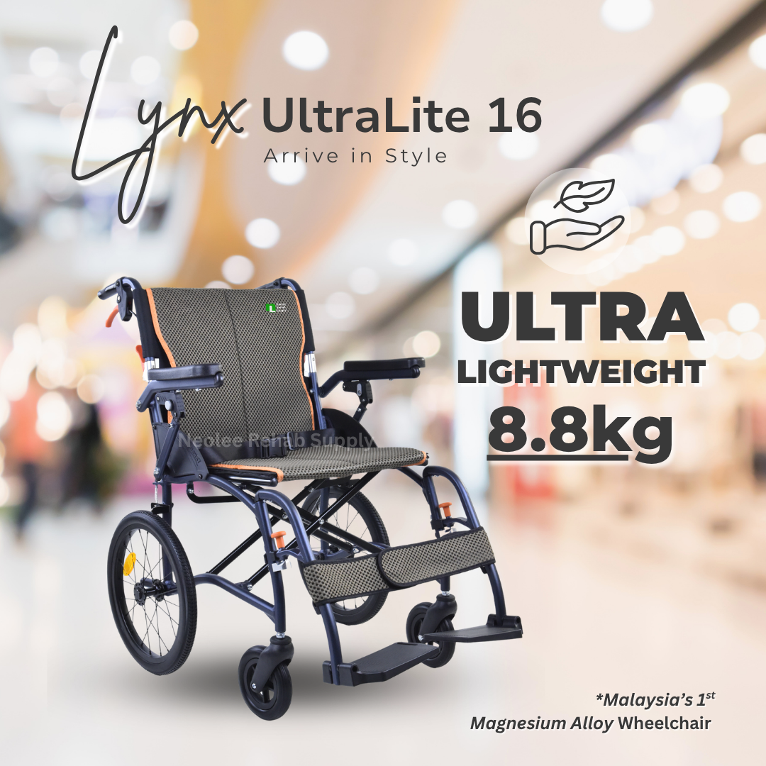 Lynx UltraLite 16 magnesium wheelchair weighing only 8.8kg, designed for effortless lifting, transport and everyday mobility.