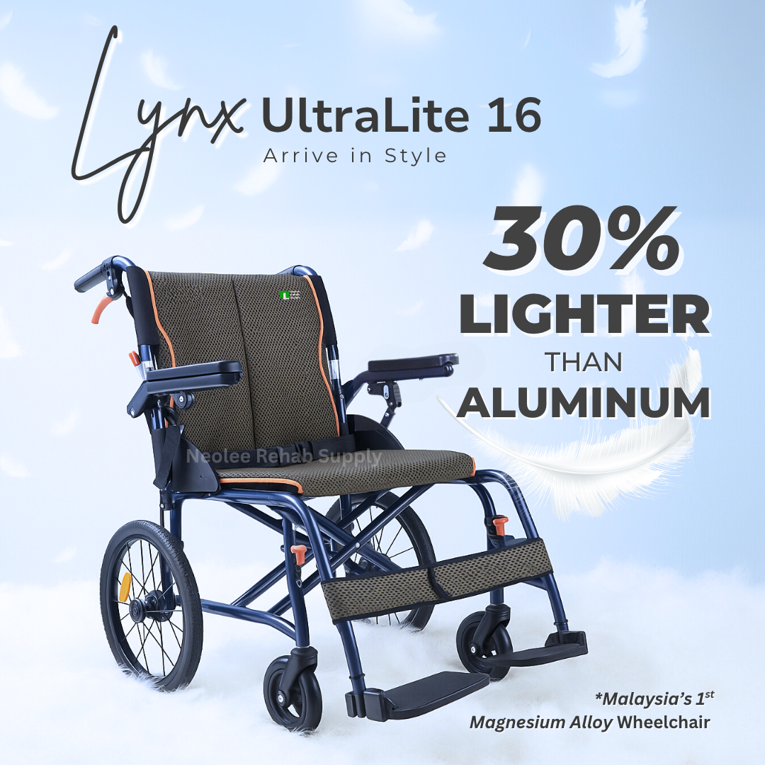 Lynx UltraLite 16 wheelchair made from lightweight magnesium alloy that is approximately 30% lighter than traditional aluminium wheelchairs.