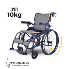 Front view of the Lynx UltraLite 22 magnesium alloy wheelchair weighing only 10kg with 22-inch rear wheels for smooth everyday mobility.
