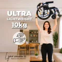 Lynx Ultralite 22in (10) Woman effortlessly lifting the 10kg Lynx UltraLite 22 magnesium wheelchair overhead to demonstrate its ultra lightweight construction.