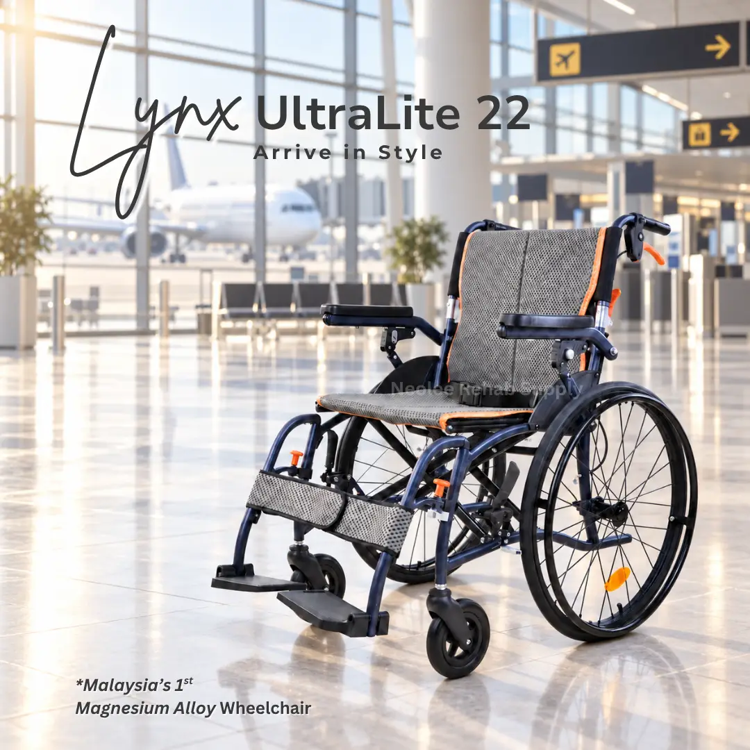 Lynx UltraLite 22 lightweight magnesium wheelchair displayed in an airport ready to be used for travelling.