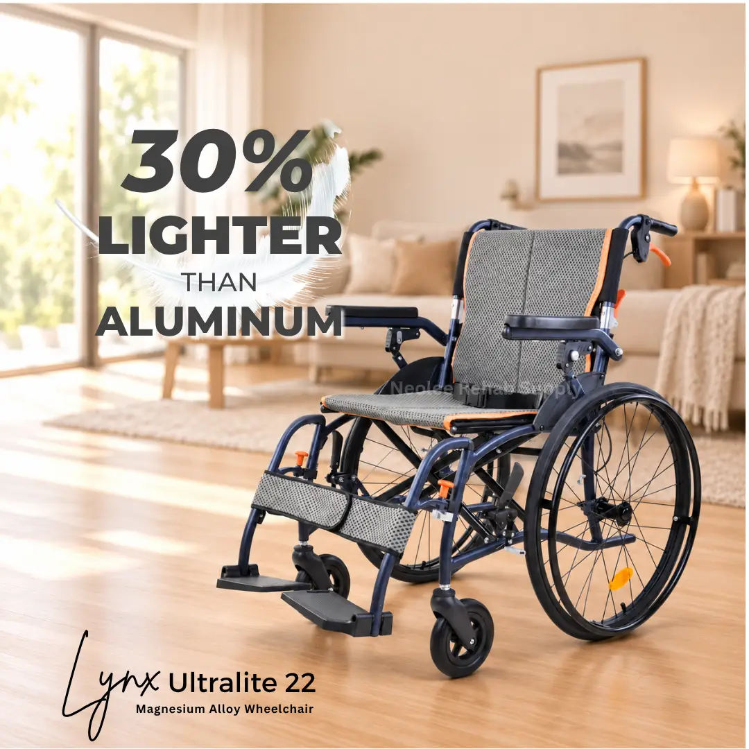 Lynx UltraLite 22 lightweight magnesium wheelchair displayed in a modern home environment suitable for indoor and outdoor use.