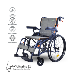 Lynx UltraLite 22 Magnesium Wheelchair – Premium Lightweight Features Lynx UltraLite 22 lightweight magnesium wheelchair featuring flip-up armrests, detachable footrests and a foldable frame for convenient transport.