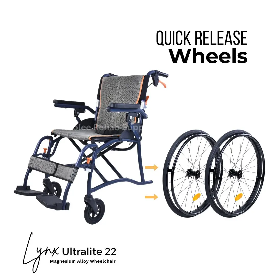 Lynx UltraLite 22 lightweight magnesium wheelchair with detachable quick release rear wheels for easier storage.