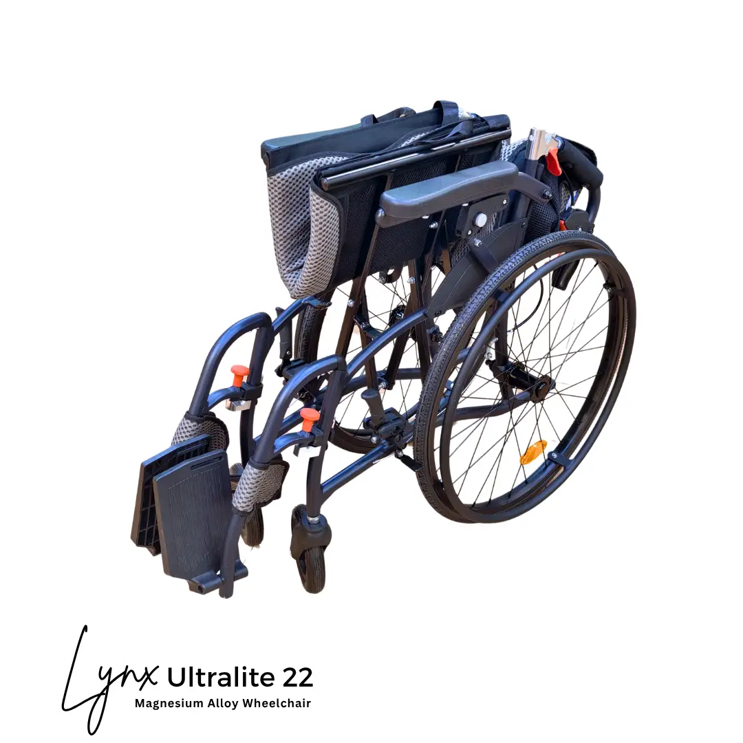 Lynx UltraLite 22 lightweight magnesium wheelchair folded and compact.