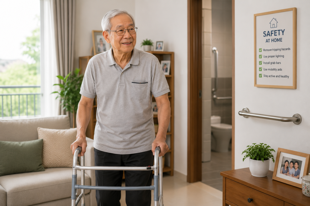 Malaysian Chinese senior using a walker safely at home with grab bars and accessibility features as part of elderly fall prevention measures.