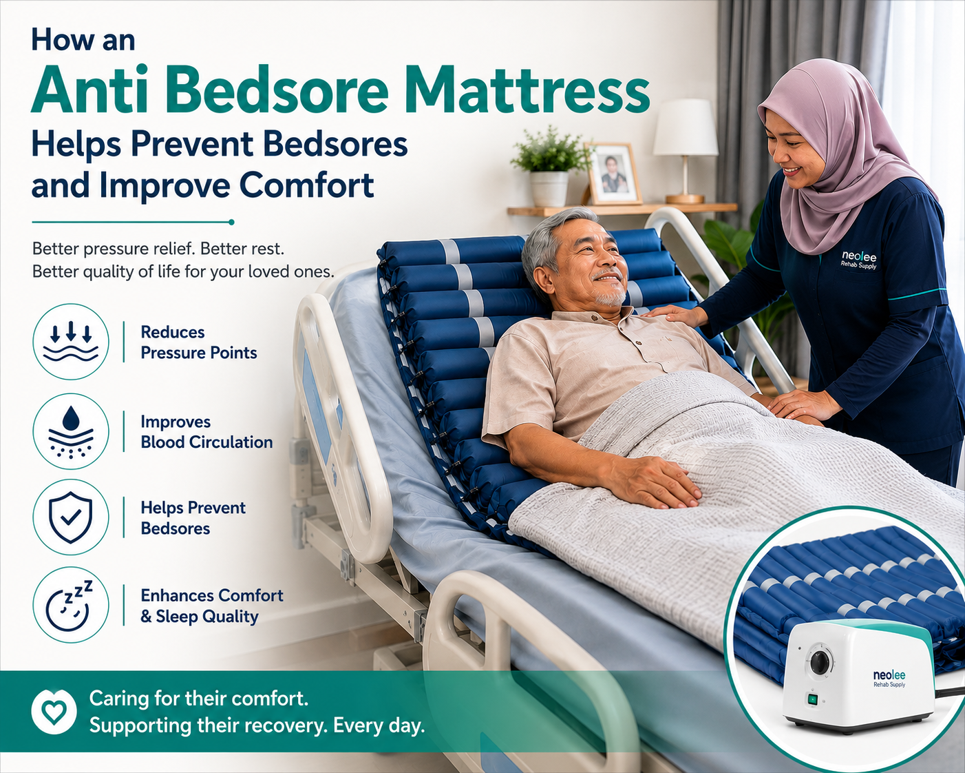 Malaysian caregiver assisting an elderly man resting comfortably on an anti bedsore mattress designed for pressure relief and bedsore prevention.