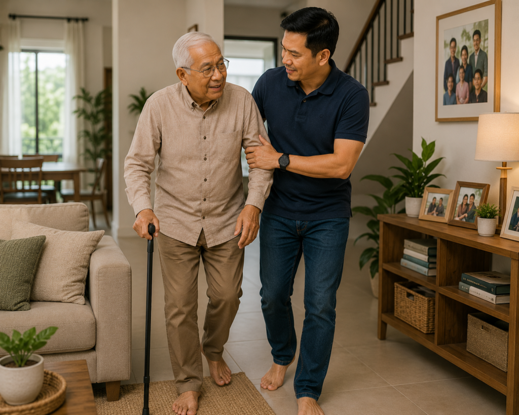 A son helps his elderly father walk safely at home using a walking stick to maintain mobility and independence.