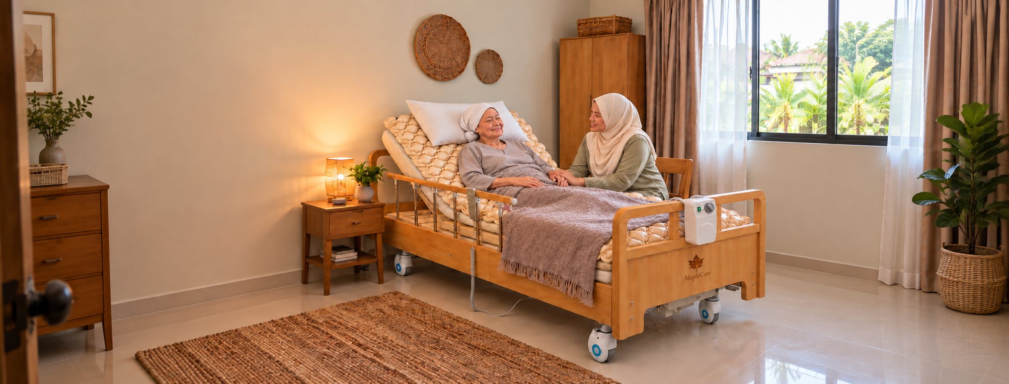 MapleCare hospital bed in a warm home setting, with a family member supporting an older woman